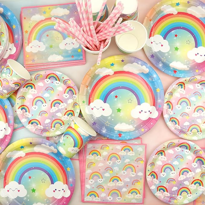Rainbow Party Decoration - Rainbow Birthday Party Tableware Supplies Includes Plates, Cups, Napkins, Tablecloth, Straws (20)