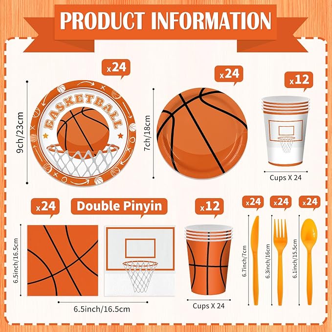 168PCS Basketball Party Supplies for Teenagers Sports Themed Birthday Party Decorations Basketball Team Paper Plates Napkin Cups Forks Knives Tableware for 24 Guests