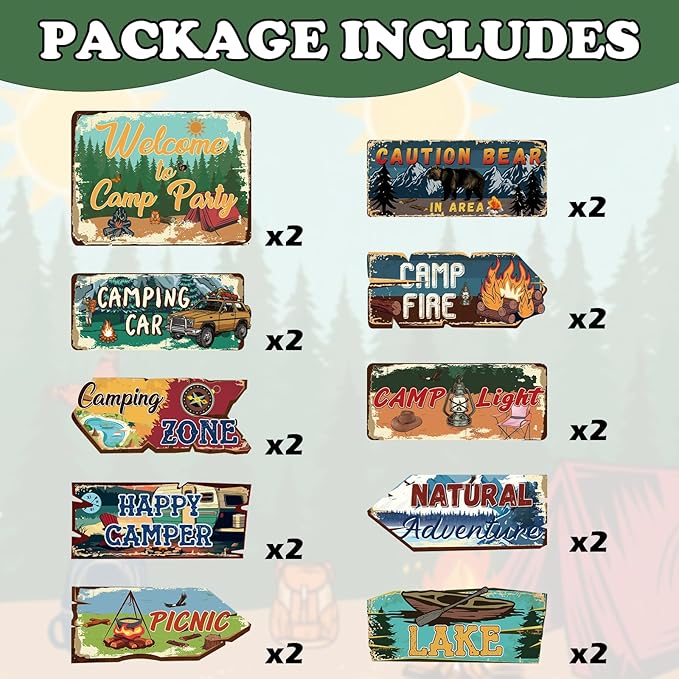 Hooqict 20 Pieces Camping Party Decorations Camping Themed Party Directional Signs for Summer Camp Day Classroom Welcome to Camp Birthday Decor Picnic Yard Sign