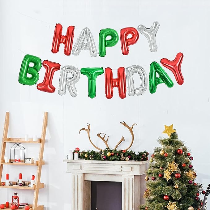 TONIFUL Red Green Silver Happy Birthday Balloons Banner,16 Inch Mylar Foil Birthday Sign Banner for Girls Boys Kids & Adults Birthday Decorations Christmas Party New Year's Eve Supplies