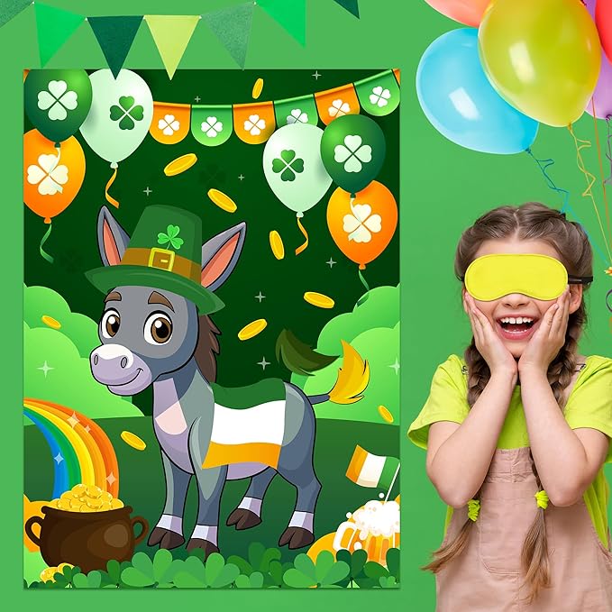 St. Patrick’s Day Pin the Tail On the Donkey Game Large Poster with 24 Pcs Stickers Blindfolds Fun Classroom Activity for Irish St. Patrick’s Day Carnival Birthday Party Decorations Wall Decor