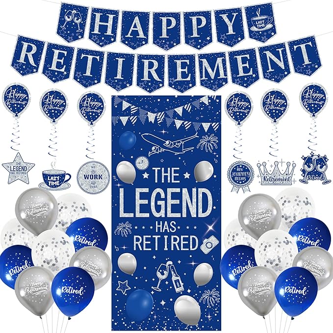 Roetyce Retirement Party Decorations for Men Women, Blue Silver Happy Retirement Banner Balloons Hanging Swirls Kit, Lengend Has Retired Backdrop for Coworker, Office Retired Party Supplies