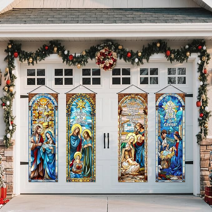 Panelee 4 Pcs Nativity Scene Banner Religious Christmas Backdrop Holy Nativity Stained Glass Style Wall Decorations Jesus Porch Sign for Xmas Indoor Outdoor Church Wall Hanging Decor