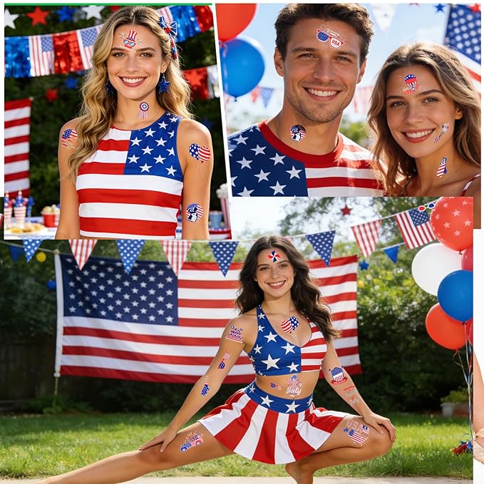 4th of July Temporary Tattoos, Metallic USA Fourth of July Patriotic Tattoos | American Flag Red White and Blue Face Tattoo Stickers, Independence Day Memorial Day Party Accessories Decoration