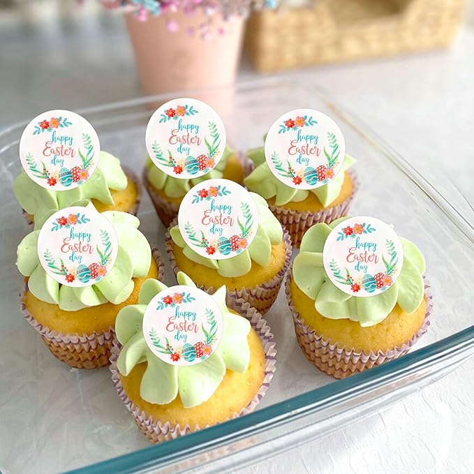 Ercadio 40Pcs Edible Circle Happy Easter Day Cupcake Drink Toppers Round Floral Easter Cupcake Picks for Easter Baby Shower Spring Birthday Party Cake Decorations Supplies