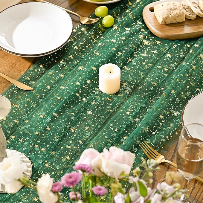 Horaldaily Green Gold Sparkling Star Gauze Tablecloth 60x84 Inch Rectangular, Golden Star Sequin Glitter Metallic Foil, Sheer Tulle Cheesecloth for Wedding Baby Shower Party