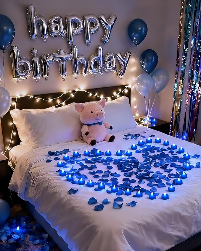 Amagic 1000 Pieces Blue Artificial Rose Petals with 12 Blue Heart LED Tea Lights, Rose Petals, and Candles Set for Proposal, Anniversary, Romantic Night, Wedding Decor