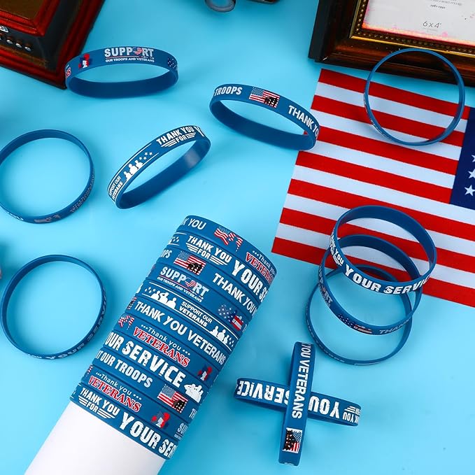JUNEBRUSHS 42pcs Veterans Silicone Wristband Bulk, American Flag Inspirational Rubber Bracelets for Veteran Memorial Day Inspirational Favor Charity Campaign Supplies
