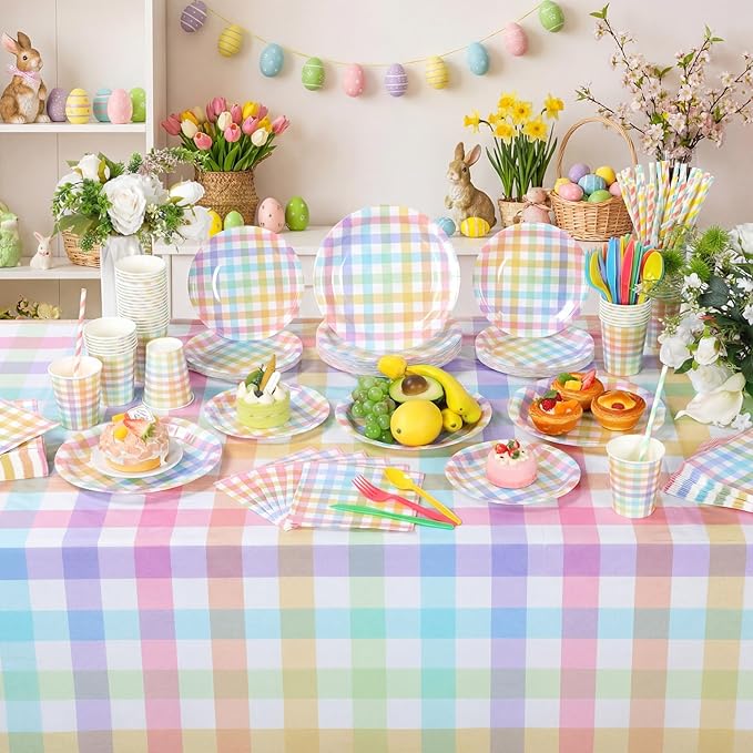 452 Pcs Pastel Easter Party Decoration for 50, Spring Easter Paper Plates Napkins Cups Tablecloth Cutlery Straws Rainbow Pastel Gingham Plaid Tableware for Spring Birthday Party Supplies