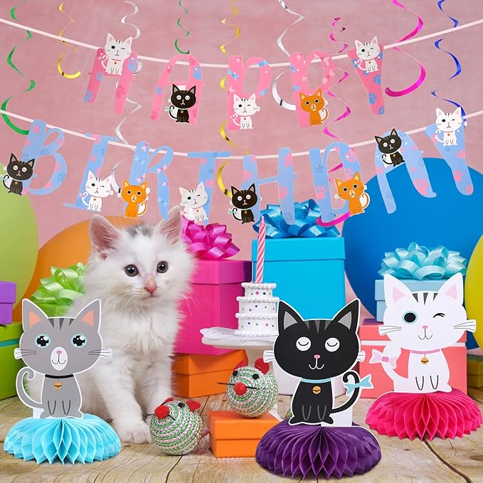 Chinco 16 Pcs Cat Theme Birthday Party Decorations Party Supplies Kit, Includes Cat Party Banner with 6 Hanging Cutouts 6 Hanging Swirl Decor and 3 Birthday Honeycomb Party Decoration(Cool Style)
