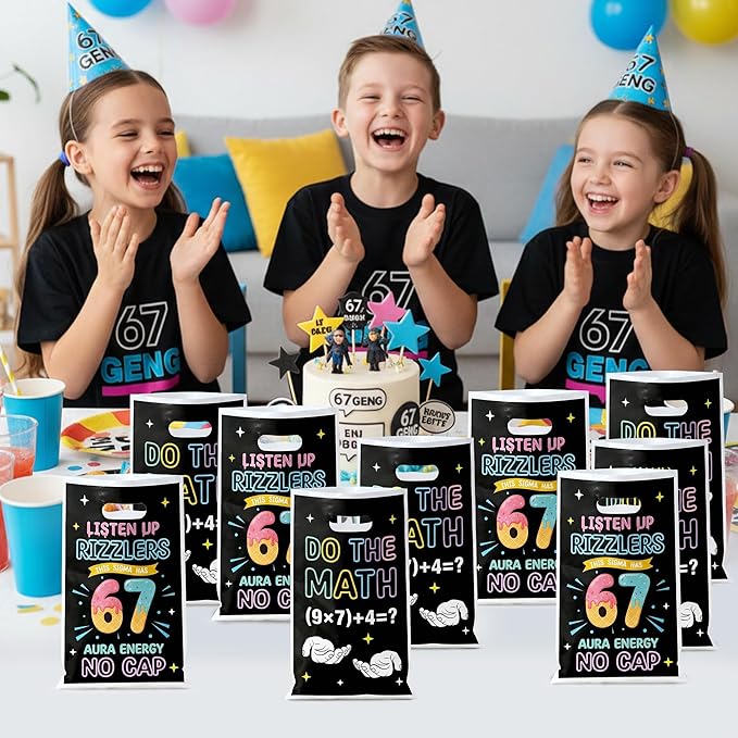 6 7 Meme Party Favor Bag 50Pcs Funny 6 7 Birthday Goody Candy Treat Gift Bags, Six Seven Number Ice Cream Theme Party Decorations for Kids Six Seven Birthday Holiday Party Supplies
