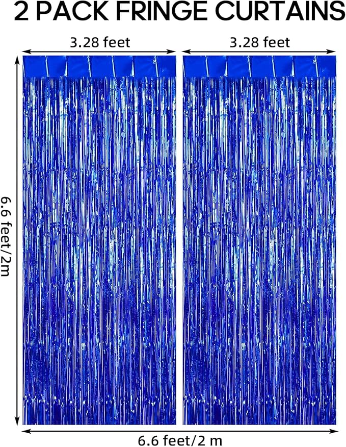 2 Pack Fringe Curtains Backdrops, Foil Fringe Curtains, Door Streamers for Birthday Wedding Bridal Shower Holiday Graduation Party Decorations, Photo Booth Backdrops, Blue