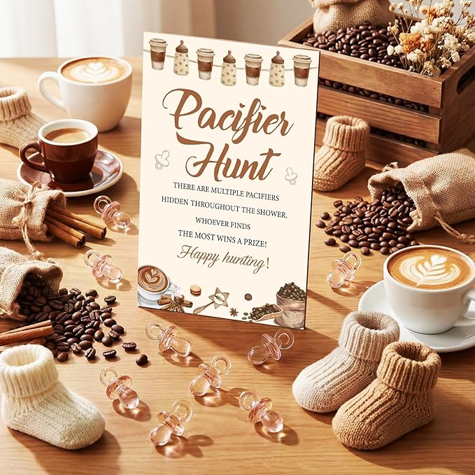 Thyle 51 Pcs A Baby Is Brewing Decorations Pacifier Hunt Coffee Theme Baby Shower Include Coffee Hunt Sign and 50 Acrylic Pacifiers Games Gender Reveal Party Supplies