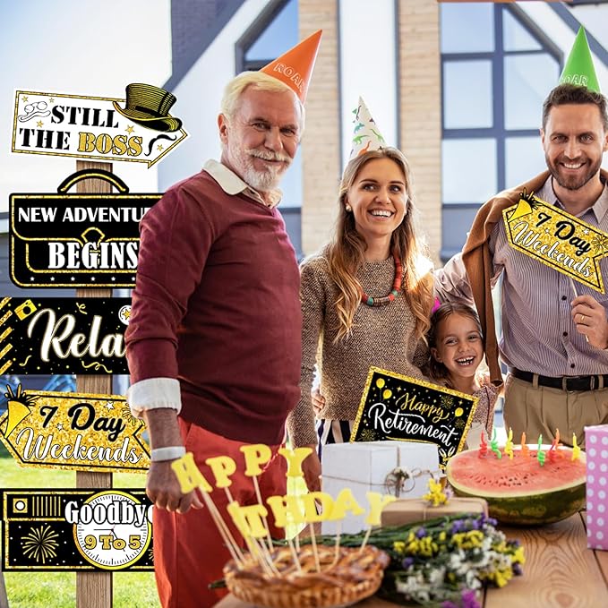 Hooqict Retirement Party Decorations 20 Pieces Happy Retirement Party Signs for Black and Gold Retirement Theme Party Decor Directional Banner Sign Retirement Birthday Party Supplies