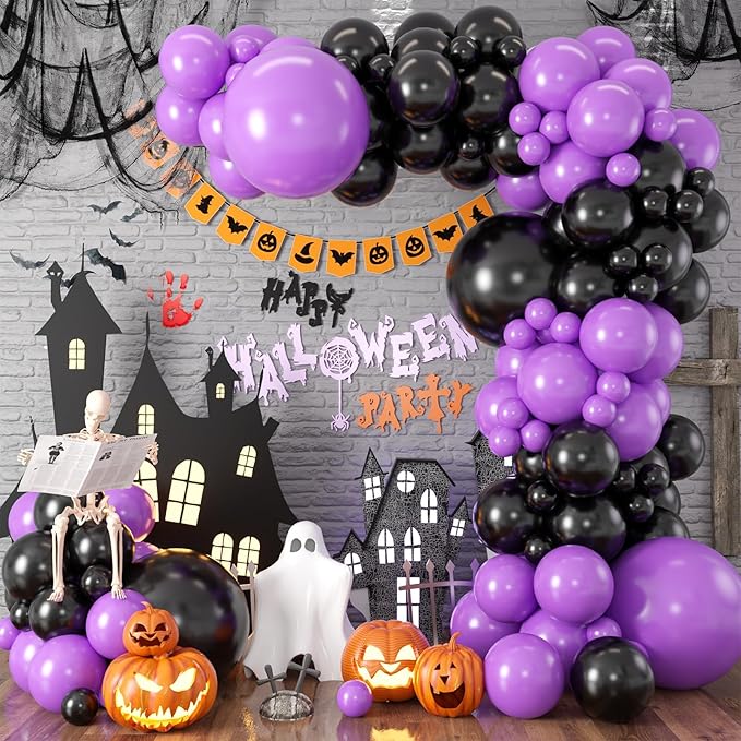 Purple and Black Balloon Garland Arch Kit, Black and Purple Balloon Garland Kit, 100 Pcs Latex Balloons Different Sizes 18/12/10/5 inch for Graduation Wednesday Themed Party Decorations