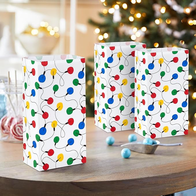 Hallmark Holiday Party Favor and Wrapped Treat Bags (30 Bags: White with Red, Yellow, Blue, Green Christmas Lights) for Christmas, Hanukkah, Classroom Parties, Teacher Gifts, Luminaries, Sack Lunches