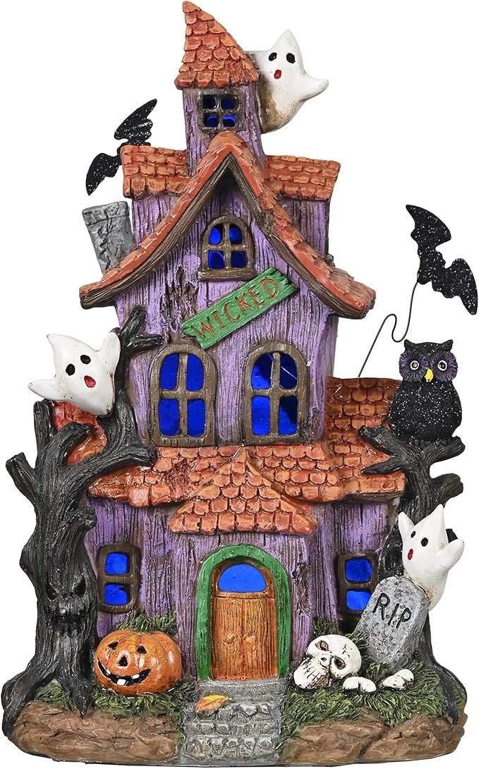 Valery Madelyn Haunted House Figurine with Bat Ghost Pumpkin for Halloween Decorations, Large Pre-Lit Lighted Resin Village Statue with LED Light for Indoor or Outdoor Party Table Decor, 12 inch