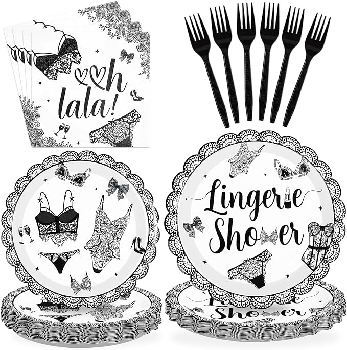 96Pcs Black Lingerie Bridal Shower Decorations Bras and Panties Plates and Napkins Lingerie Bachelorette Party Tableware for Women Girls Underwear Bachelorette Bridal Shower Party Supplies Serves 24