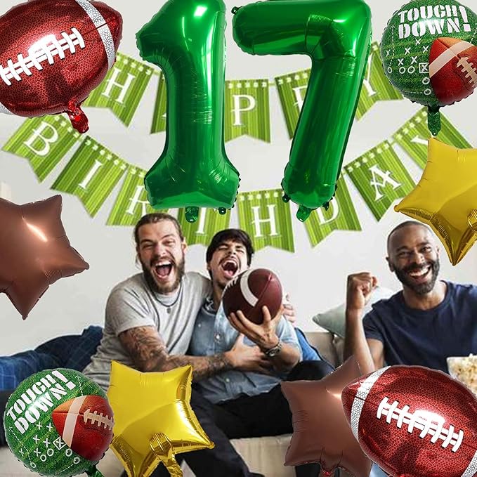 Football Balloons Foil Football Birthday Decorations Balloons Green Number 17 Balloon Gold Brown Star Touchdown Ballons for Rugby Birthday Decorations Sports Ballons Arch Kits Party Balloon Sets 10pcs