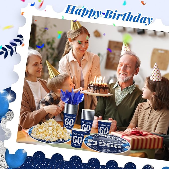 240 Pcs 60th Birthday Decorations 1966 Birthday Party Tableware Include Plates Napkins 9oz Cups Cutlery 60th Anniversary Party Supplies for Men Women Him Her, Serve 30 Guests (Blue Silver)
