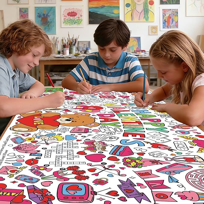 Valentine's Day Activity Poster - Large 31.5x72 Inch Coloring Table Cover for Holiday Party, School Classroom Decor, Crafts & Family Fun