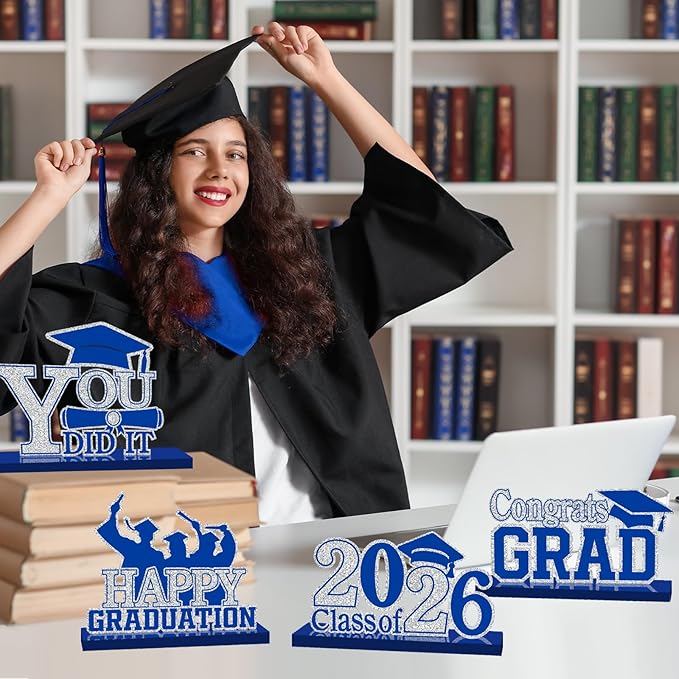 4Pcs Graduation Decorations Class of 2026 Wood Table Centerpieces Congrats Grad Wooden Sign Graduation Table Toppers Congratulate Tiered Tray Decor for 2026 Graduation Party (Blue-Silver)