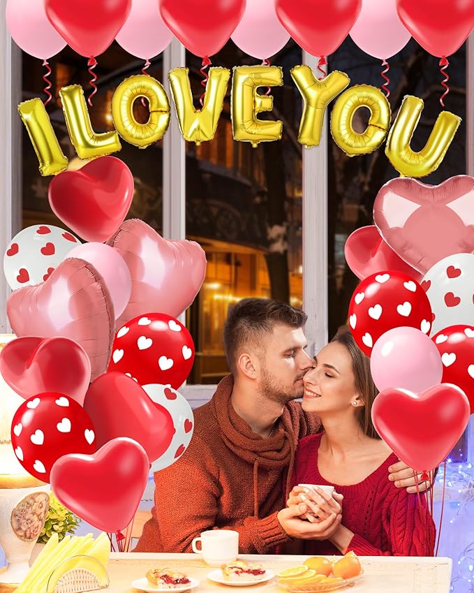 Valentines Balloon Kit Decor with I Love You Balloons, Heart Balloons with 1000 Pcs Silk Red Rose Petals for Valentines Day Galentines Party Decorations Proposal Wedding Anniversary Decor