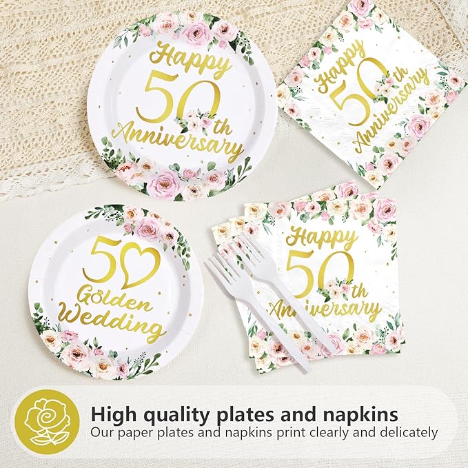96 Pcs 50th Anniversary Decorations Pink Floral Happy 50th Anniversary Plates and Napkins Disposable Golden Wedding Tableware Set for Wedding 50 Years Loved Party Supplies Serves 24