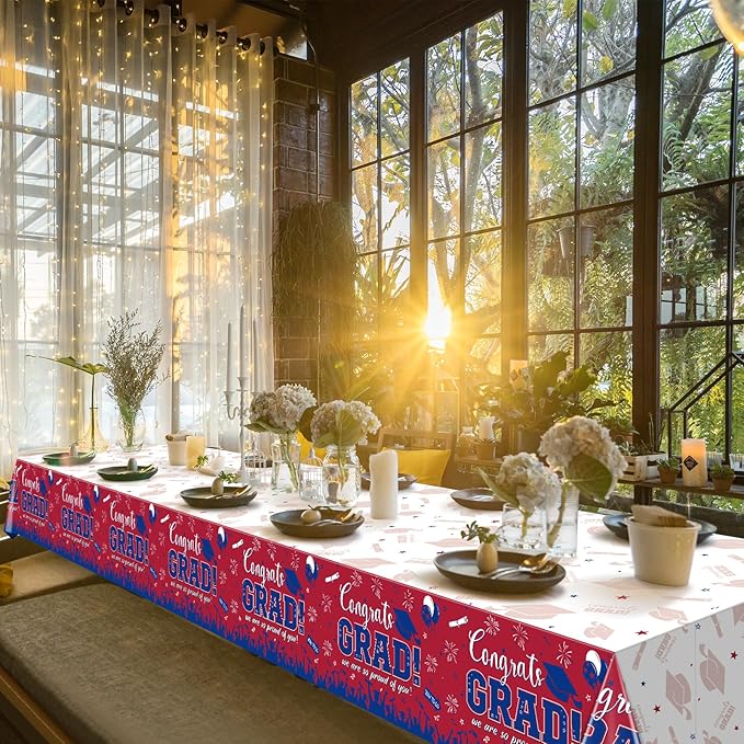 12Pack Graduation Tablecloth Party Decorations, Class of 2026 Congrats Grad Plastic Tablecover Party Supplies, Red and Blue Rectangle Graduation Table Decor for College High School Party, 54 x 108Inch