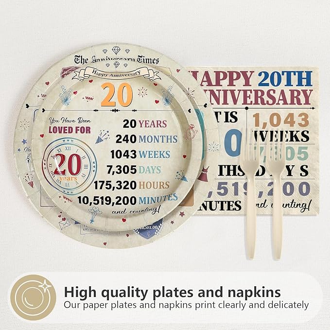 96Pcs 20th Anniversary Party Decorations Retro 20 Years Plates and Napkins 20th Anniversary Disposable Tableware Set for Vintage 20 Year Wedding Company Party Supplies Serves 24