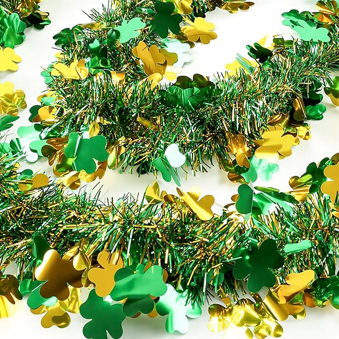 50FT St Patrick's Day Tinsel Garland, Green Gold Shamrock Clover Garland, Shiny Metallic Hanging Shamrock Streamer St Patricks Day Decorations Irish Decor