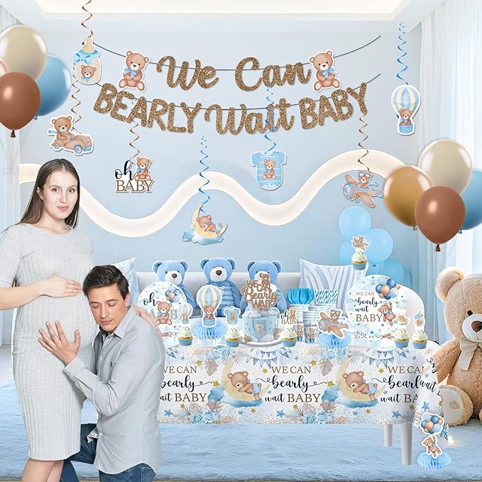 366PCS Blue Baby Shower Decorations Serves 50, Boy Baby Shower Include Banner, Plates, Balloons, Cake Topper and Tablecloths, for Baby Boy Shower Decorations