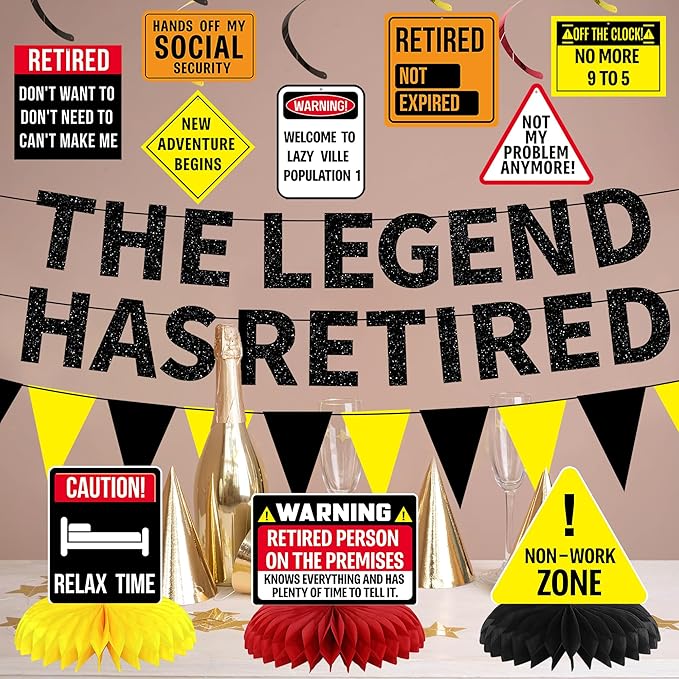 Roetyce Retirement Decorations Men Women, Caution Happy Retirement Banner Hanging Swirls Centerpieces Kit, Funny Legend Retired Party Supplies Backdrop for Coworker Family