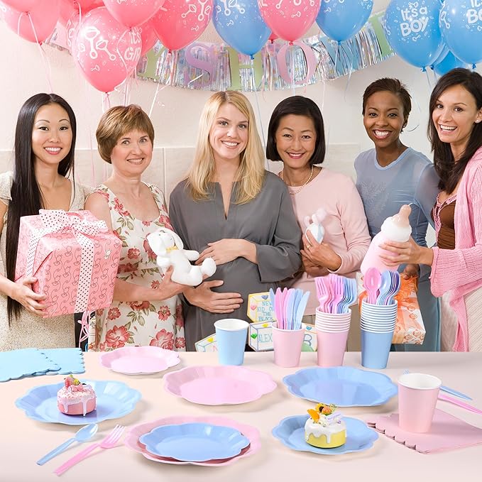 400 Pcs Gender Reveal Plates and Napkins set - Serve 50, Boy or Girl Gender Reveal Party Supplies Includes Pink and Blue Scalloped Plates Napkins Cups Plastic Spoons Forks Knives for Baby Shower