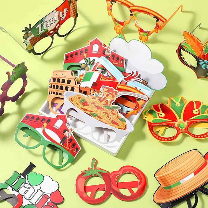 Pajean 32 Pcs Italian Party Decorations Italy Theme Eyeglasses Italian Paper Glasses Frame Photo Booth Props Italy Party Favors for Pizza Birthday Baby Shower Birthday Supplies