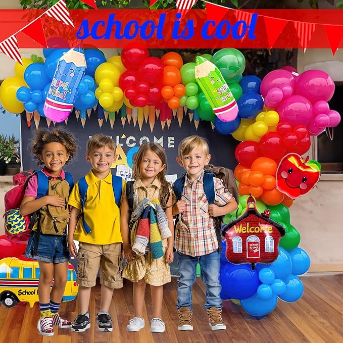 back to school balloons hot pink and red yellow green balloon garland arch kit 130+pcs with school bus classroom apple mylar balloon for back to school Birthday party decorations