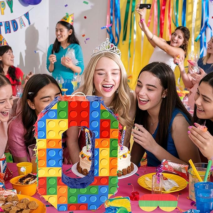 Number 0 Pinata Building Blocks with Pinata Stick Blindfold 10th Birthday Party Decorations for Kids Happy Birthday Building Block Theme Anniversary Party Supplies (Small, 16 x 10.6 x 3 In)
