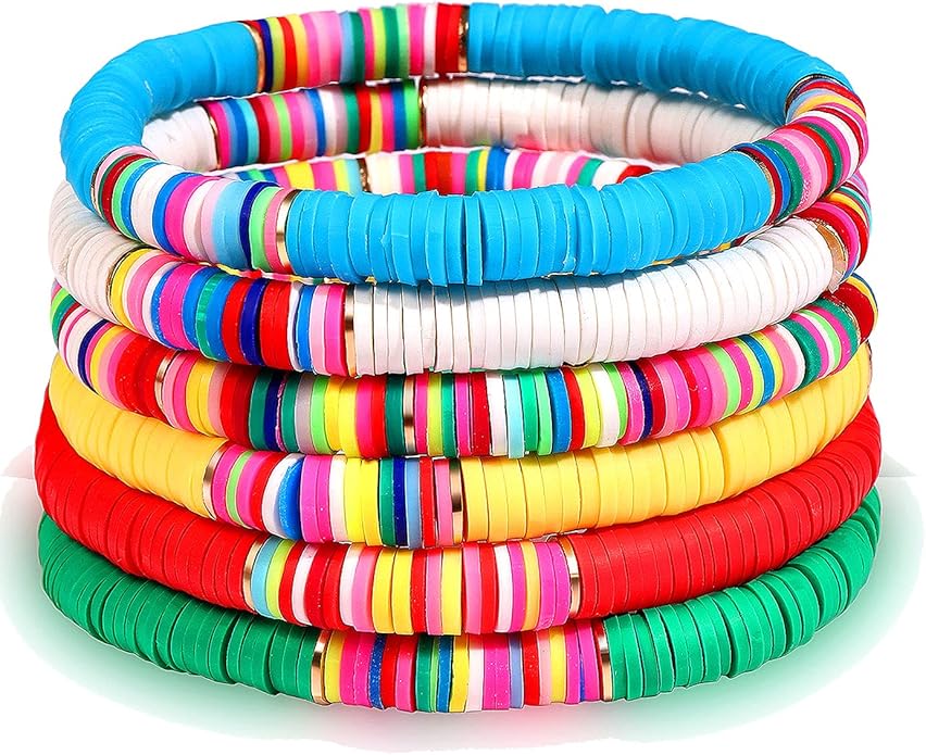 Surfer Heishi Bracelets for Women Stackable Rainbow Vinyl Disc Clay Beaded Stretch Bracelets Elastic Layering Friendship Bracelets Boho Summer Beach Jewelry