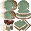 Zhehao 350 Pcs Woodland Party Supplies Set Green and Brown Disposable Tableware Kit with Plates, Cups, Napkins, Cutlery in Natural Earth Tones for Baby Shower, Birthday, Wedding Forest Events