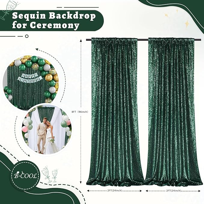 B-COOL Sequin Backdrop Curtains 2 Packs 2ftx8ft Emerald Green Sparkle Backdrop Fabric Glitter Backdrop for Party Ceremony Wedding Birthday Decoration