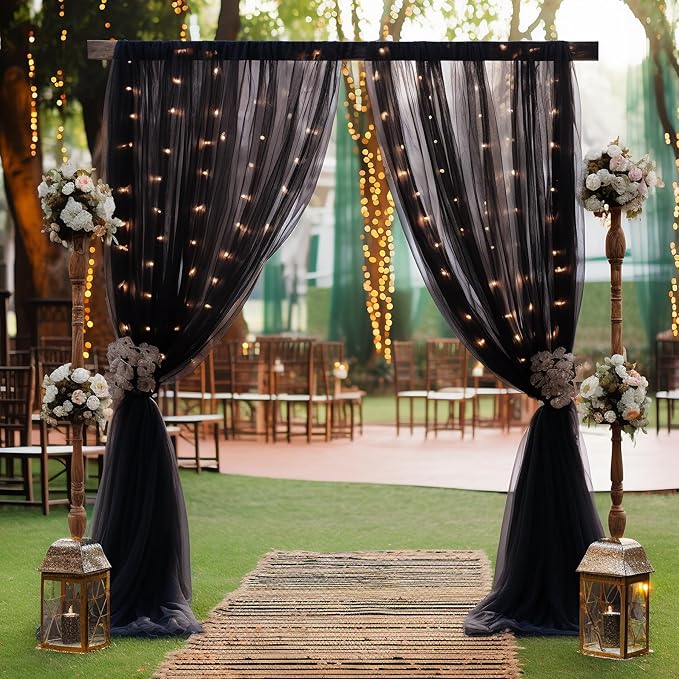 10x10ft Black Tulle Backdrop Curtain with Lights String for Parites, Sheer Photo Backdrop Curtains for Wedding Baby Shower Birthday Party Photo Shoot Decorations