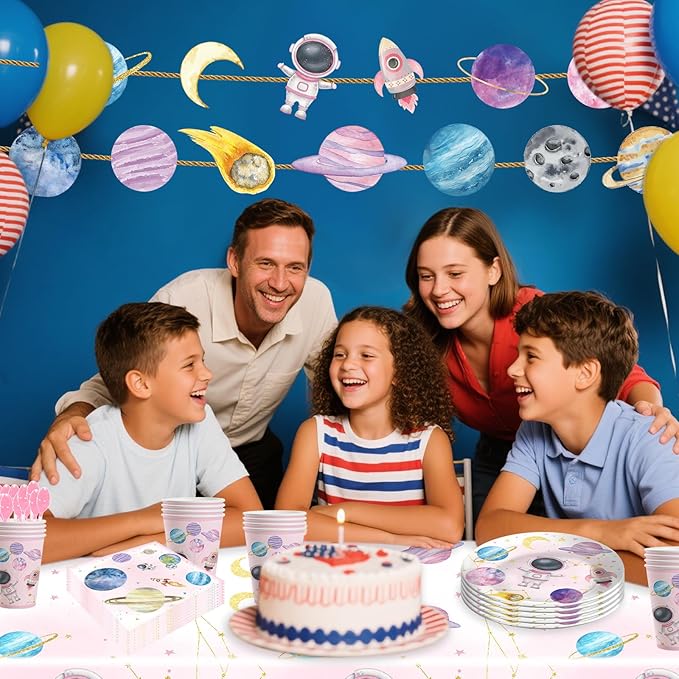 142PCS Space Theme Party Supplies For Girl, Birthday Paper Plates First Trip Around The Sun Astronaut Planet Cake Plate Tableware Dinner Set for Boys Girls Birthday Shower Forks