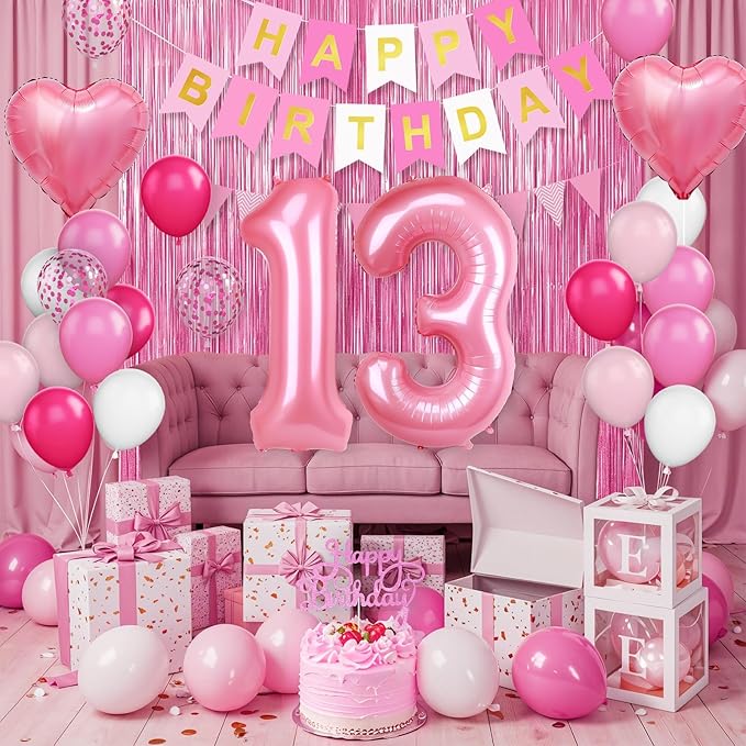 13th Birthday Decorations for Girls,Hot Pink 13th Birthday Balloons with Happy Birthday Banner Fringe Curtain Heart Foil Balloons for 13 Year Old Birthday Decor