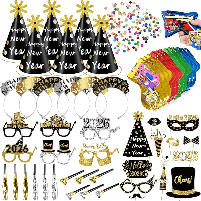 MOVINPE 2026 New Years Eve Party Supplies Set Serve 12, Happy New Year Party Cone Hats, Tiaras, Inflatable Fireworks Gun, Photo Booth Props, Squawkers, Blowouts, Eve Party Favors for Kids Adults