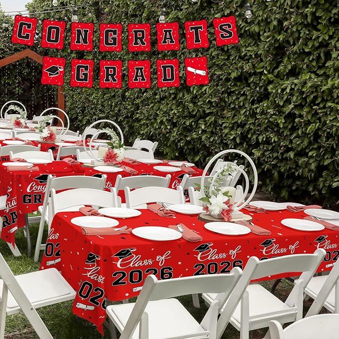Gatherfun 2026 Graduation Decorations : 2-Pack Congrats Grad Disposable Tablecovers - Class of 2026 Red Themed Table Cloths, for Graduation Party Supplies & Graduation Backdrop, 54" X 108"