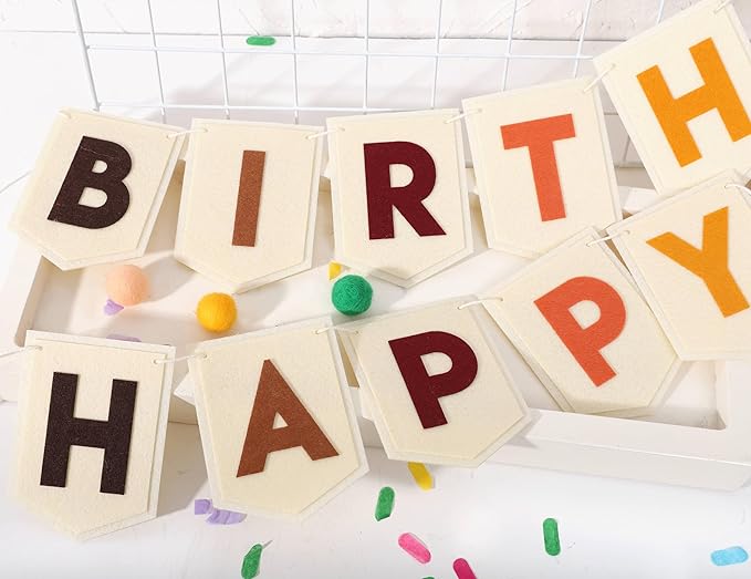 Boho Felt Happy Birthday Banner - Bohemian Birthday Party Decorations,Boy Girl Birthday Felt Banner,Boho Happy Birthday Garland, Window Door Mantels Easy To Hang Decor