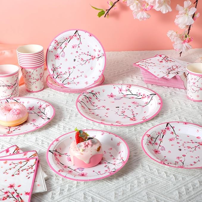 Hsei 250 Pcs Cherry Blossom Plates and Napkins Party Decorations Disposable Tableware Sets Baby Shower Birthday Supplies Serves 50 Guests Dinnerware Bridal Baby Shower Party Favors
