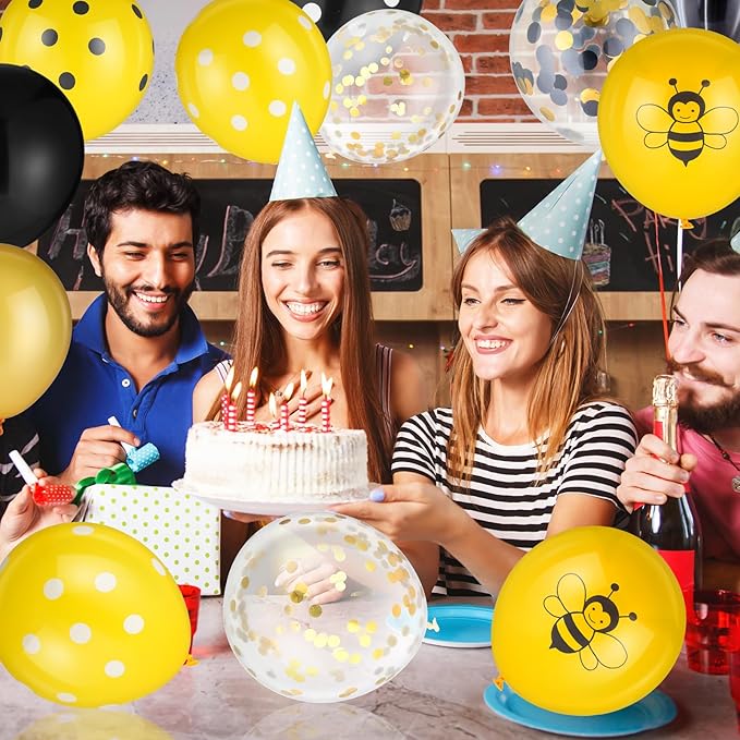 Skylety 100 Pcs Bee Balloons Decorations Kit Happy Bee Day Dots Balloon Confetti Black Yellow Latex Favor for Birthday Party Decoration
