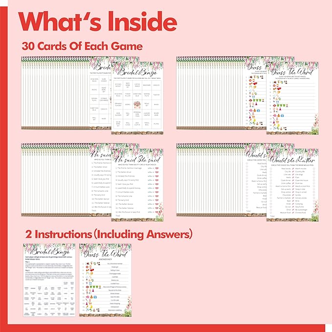Bridal Shower Game Set, 4 Fun Games & Activities - Bingo Game/Would She Rather/He Said, She Said/Guess The Word for 30 Guests, All-in-one Set Wedding Party Supplies