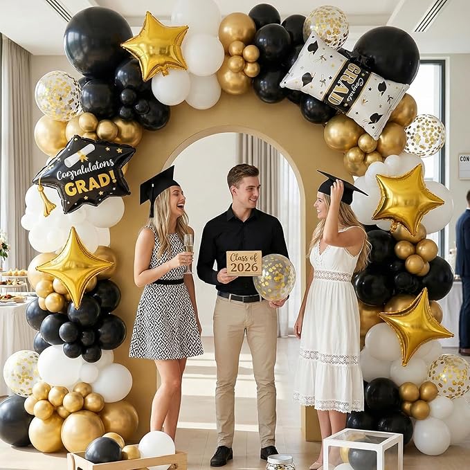 Black Gold Balloons Arch Kit, Black White Gold Balloon Arch with Grad Cap Star Graduation Certificate Foil Balloon, Golden Confetti Balloons for 2026 Graduation Decoration Birthday Anniversary Party